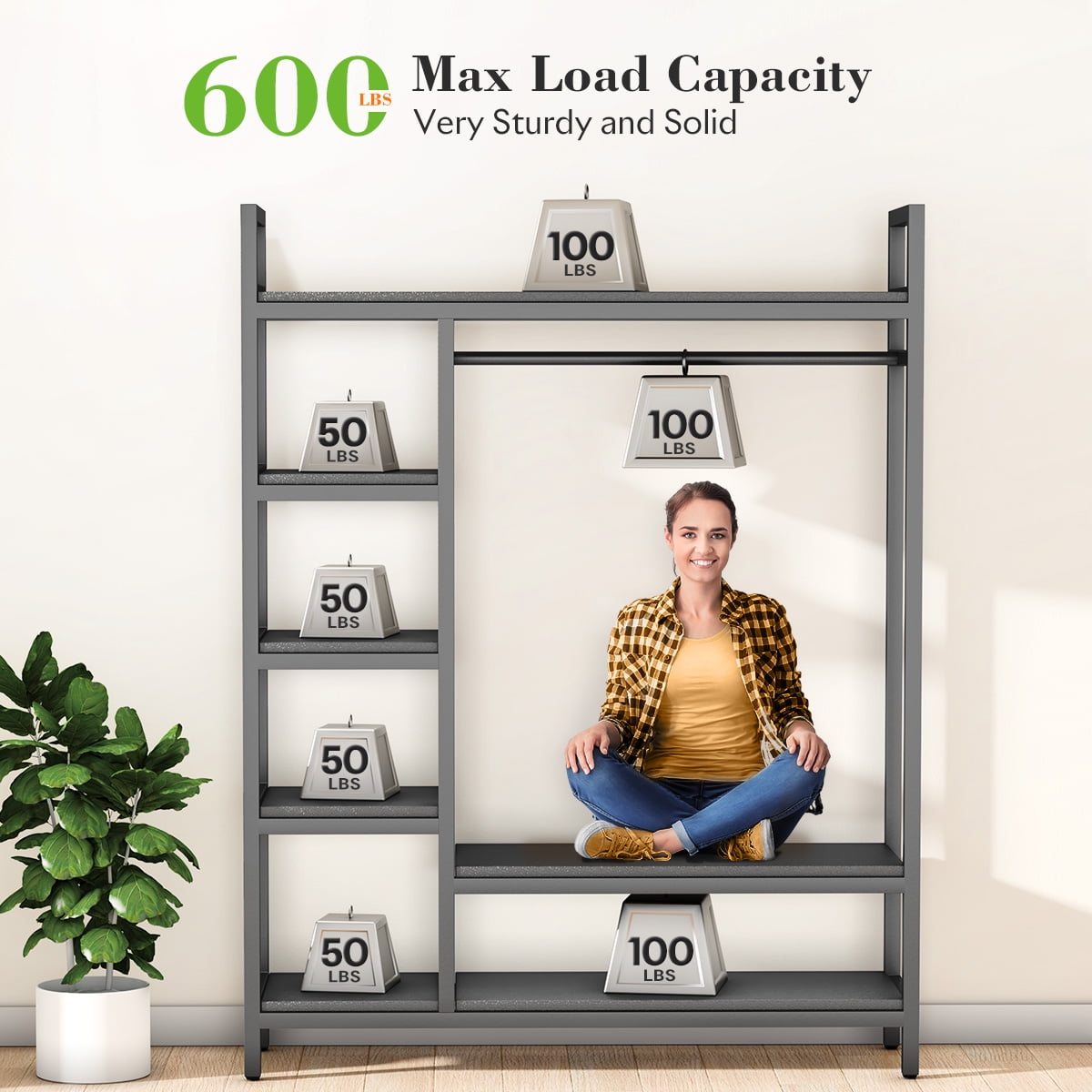 HOKEEPER 650lbs Capacity Free Standing Closet Organizer with 6 Metal Shelves and Coat Rack Heavy Duty Clothing Rack for Hanging Clothes Closet