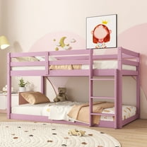 Bunk Bed Twin Over Twin, Low Twin Size Floor Bunk Beds with Ladder, Solid Wood Junior Bunk Bed for Teens Bedroom, No Box Spring Needed-Pink