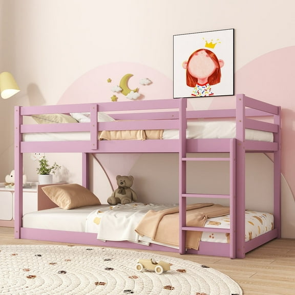 Bunk Bed Twin Over Twin, Low Twin Size Floor Bunk Beds with Ladder, Solid Wood Junior Bunk Bed for Teens Bedroom, No Box Spring Needed-Pink