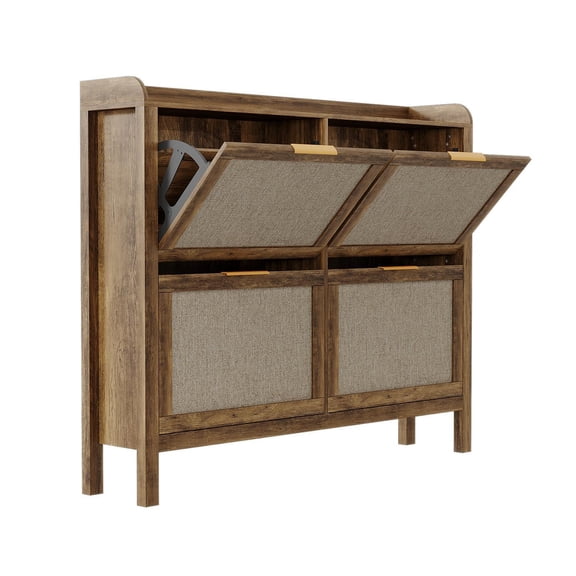 Brown 47 Inch Farmhouse Rattan Shoe Cabinet, Boho Freestanding Shoe Organizer with 4 Flip Drawers & Hidden Golden Handles, Adjustable Shelf Narrow Rack for Entryway