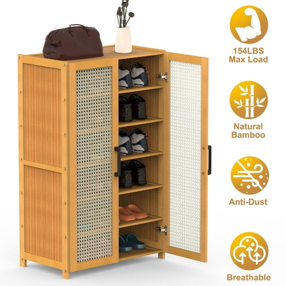 Moclever 6-Tier Shoe Storage Cabinet, Natural Bamboo Shoe Rack 154lbs Load Holds up to 18 Pairs of Shoes with 2 Hollow Doors for Hallway Living Room