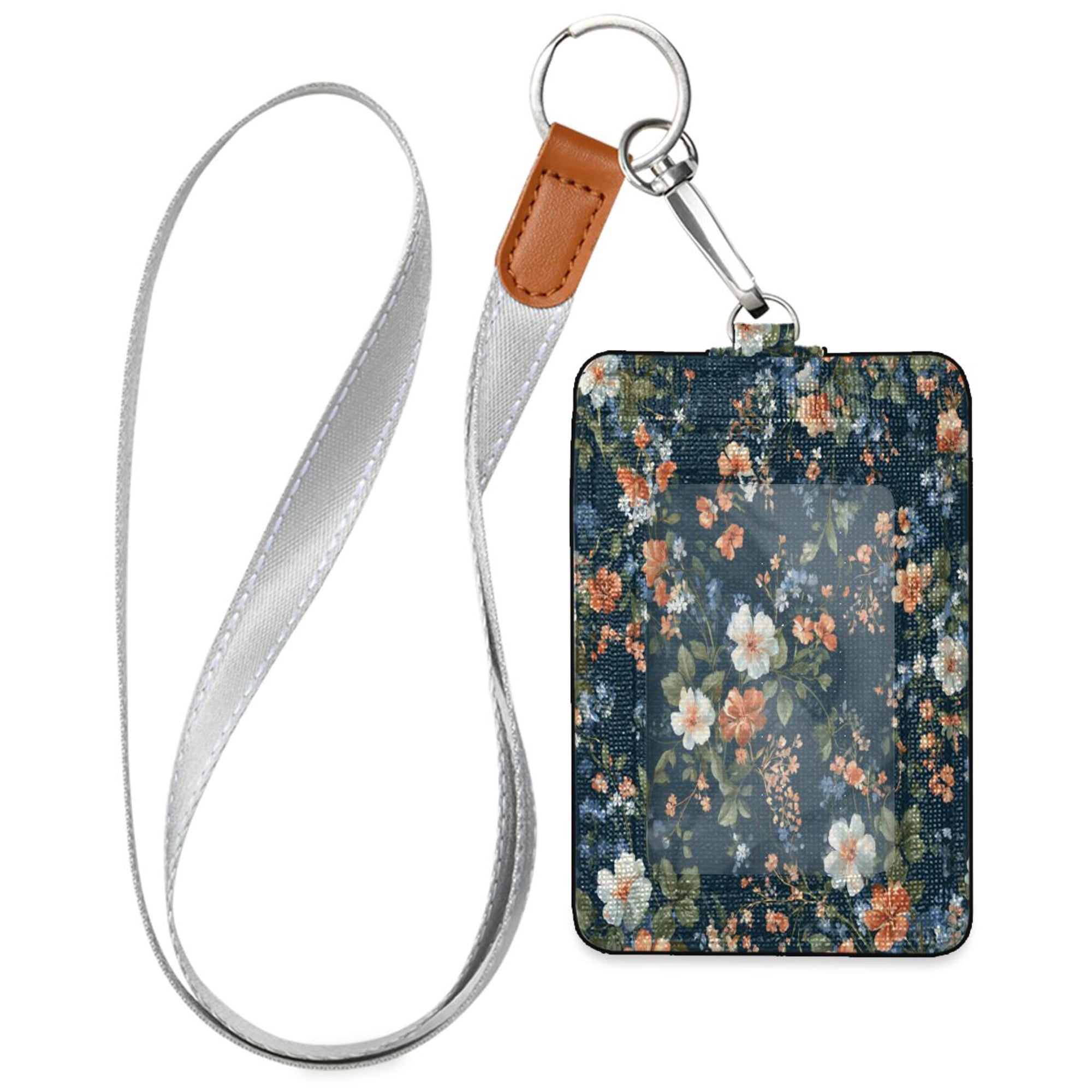 PU Leather ID Badge Holder Portable Card Protector for Work ID Business Cards Navy Vintage Petal