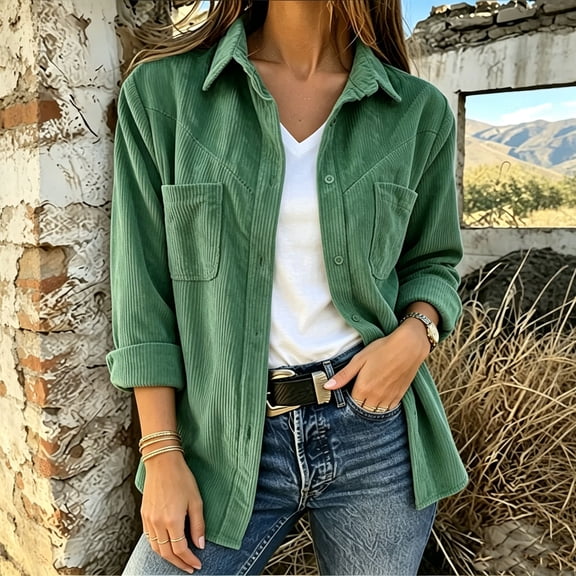 ClodeEU Women's Corduroy Long Sleeve Button Shirt Jacket,Casual Loose Fit Fall Outerwear ,Women's Plus L