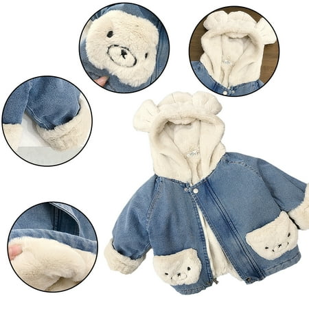 

WOLLED Kids Toddler Fleece Denim Jacket 2-9Y Girls Winter Warm Hooded Jeans Coats Casual Zipper Outerwear