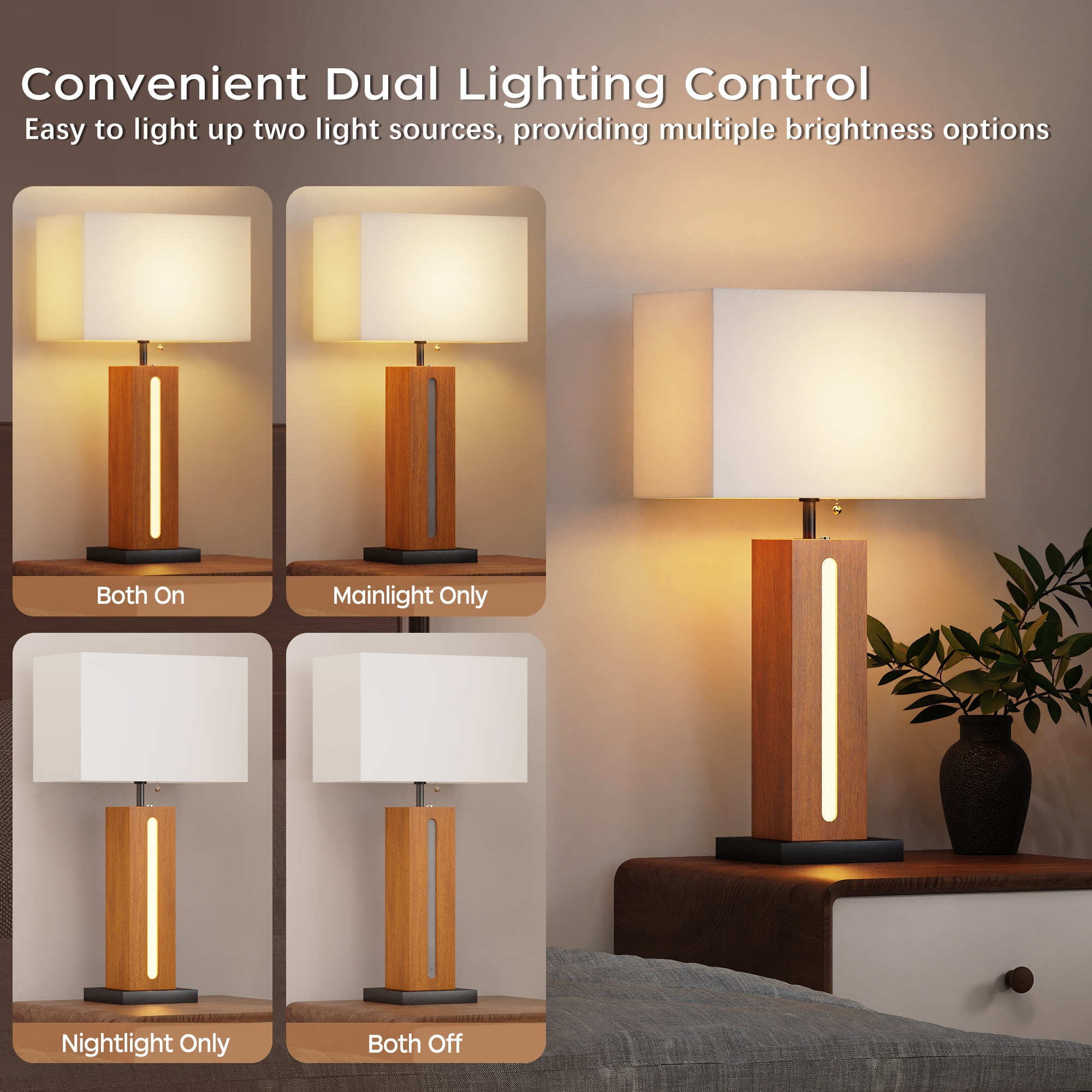 22" Rustic Wood Grain Bedside Lamps Set of 2, Modern Square Dimmable Table Lamp with Shades LED Bulbs for Living Room