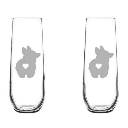 Set of 2 Glass Champagne Flutes Sparkling Wine Glasses Corgi Butt (8.5 oz Stemless)