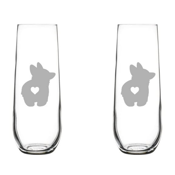 Set of 2 Glass Champagne Flutes Sparkling Wine Glasses Corgi Butt (8.5 oz Stemless)