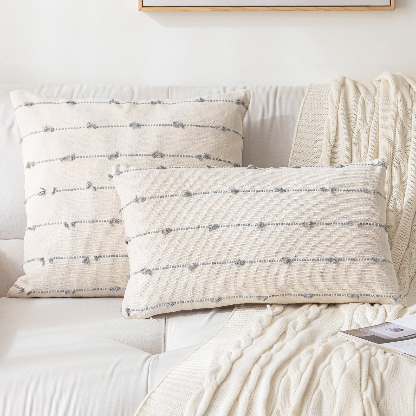 Skodaer Boho Throw Pillow Covers 18"x18" Set of 2 Modern Farmhouse Decorative Cushion Case Tufted Square Pillows Cover Neutral Pillow Cases Accent Pillowcase for Sofa, Couch, Bed,Grey