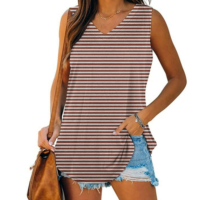 SwiftWear Womens Summer Striped Tank Tops Basic Tanks V Neck Sleeveless Long T Shirts Side Split Loose Going Out Blouse