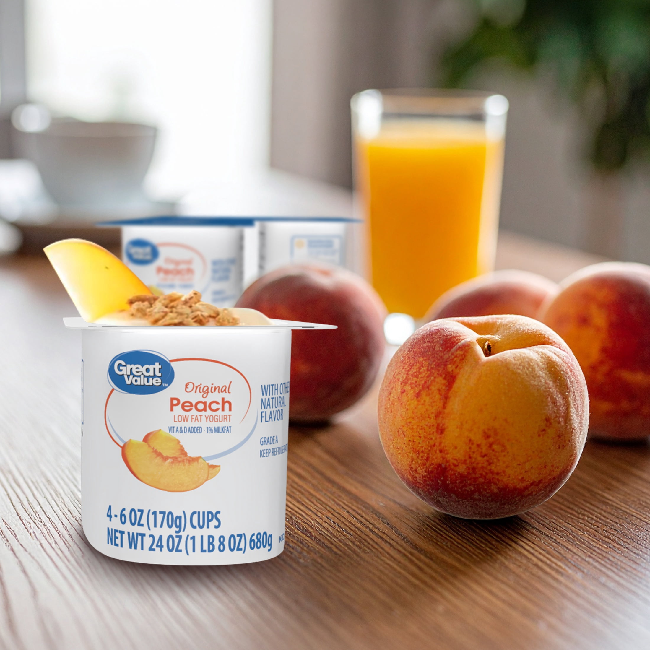 Great Value Original Peach Low-fat Yogurt, 6 oz Cups, 4 Pack
