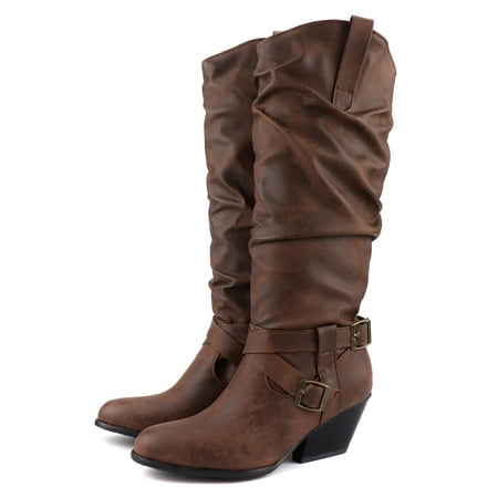 

FITORON Womens Mid Calf Boots- Retro Belt Buckle Knee Length increased Warmth Thick Heel High Boots Brown 38