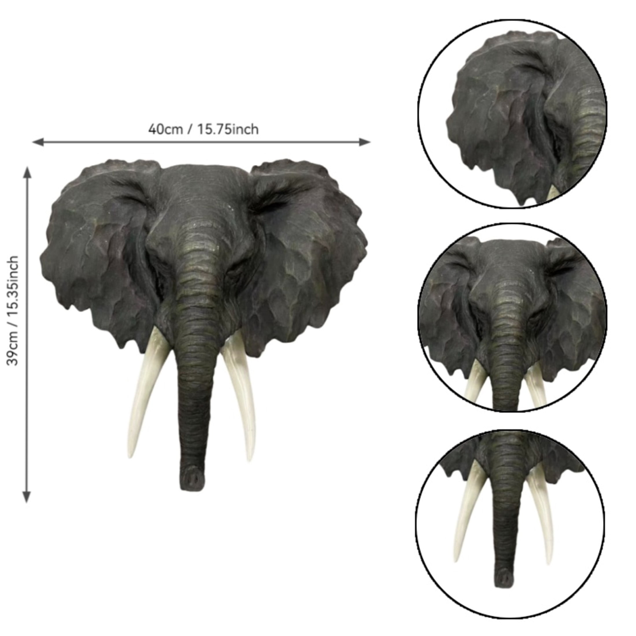 GDF Studio 15" Realistic African Elephant Head Wall Sculpture, Deep Gray Resin Animal Decor Gifts for Wildlife Lovers