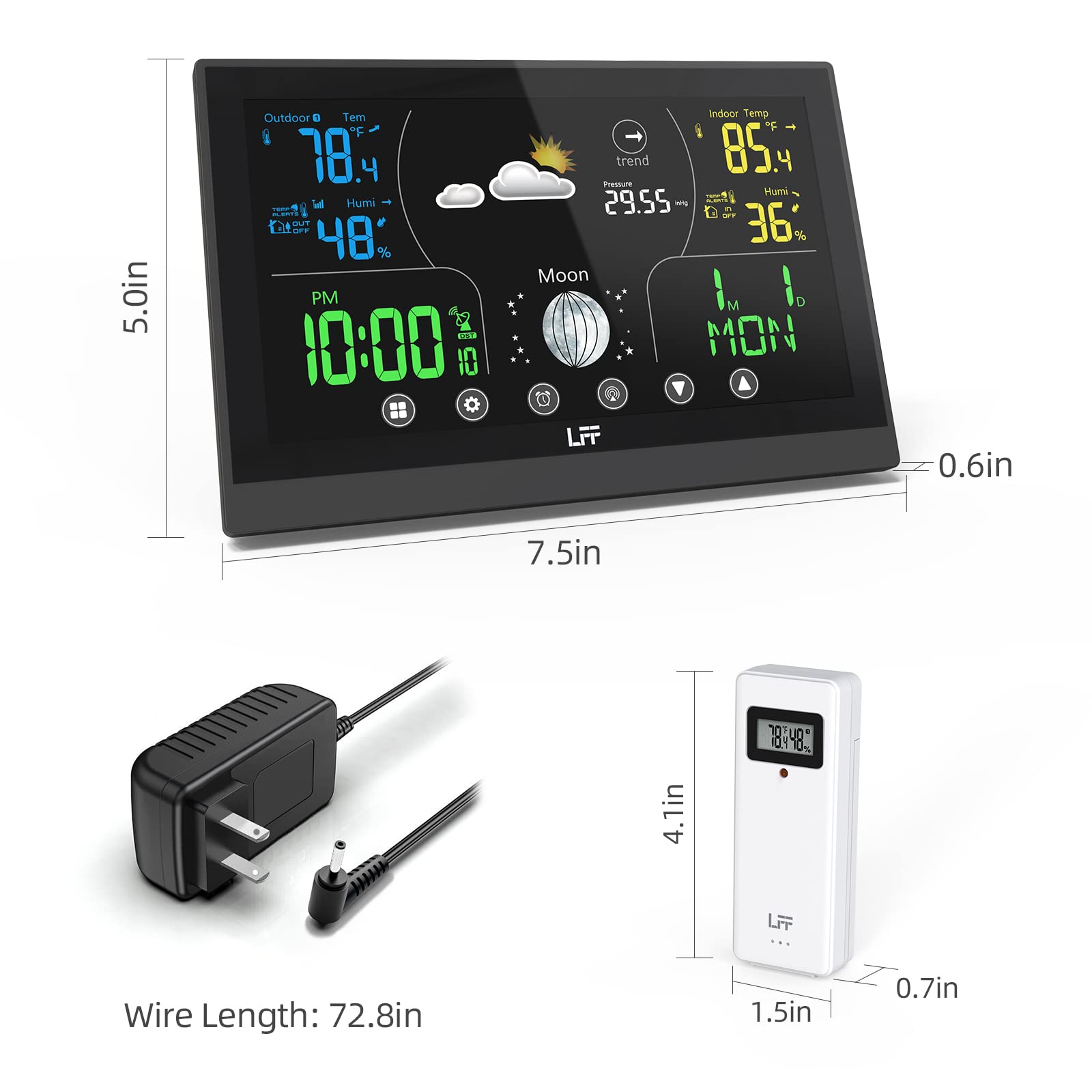 Weather Stations Wireless Indoor Outdoor LFF Indoor Outdoor Thermometer Wireless Color Display Digital Weather Station, Weather Thermometer Forecast Station with Atomic Clock and Adjustable Backlight