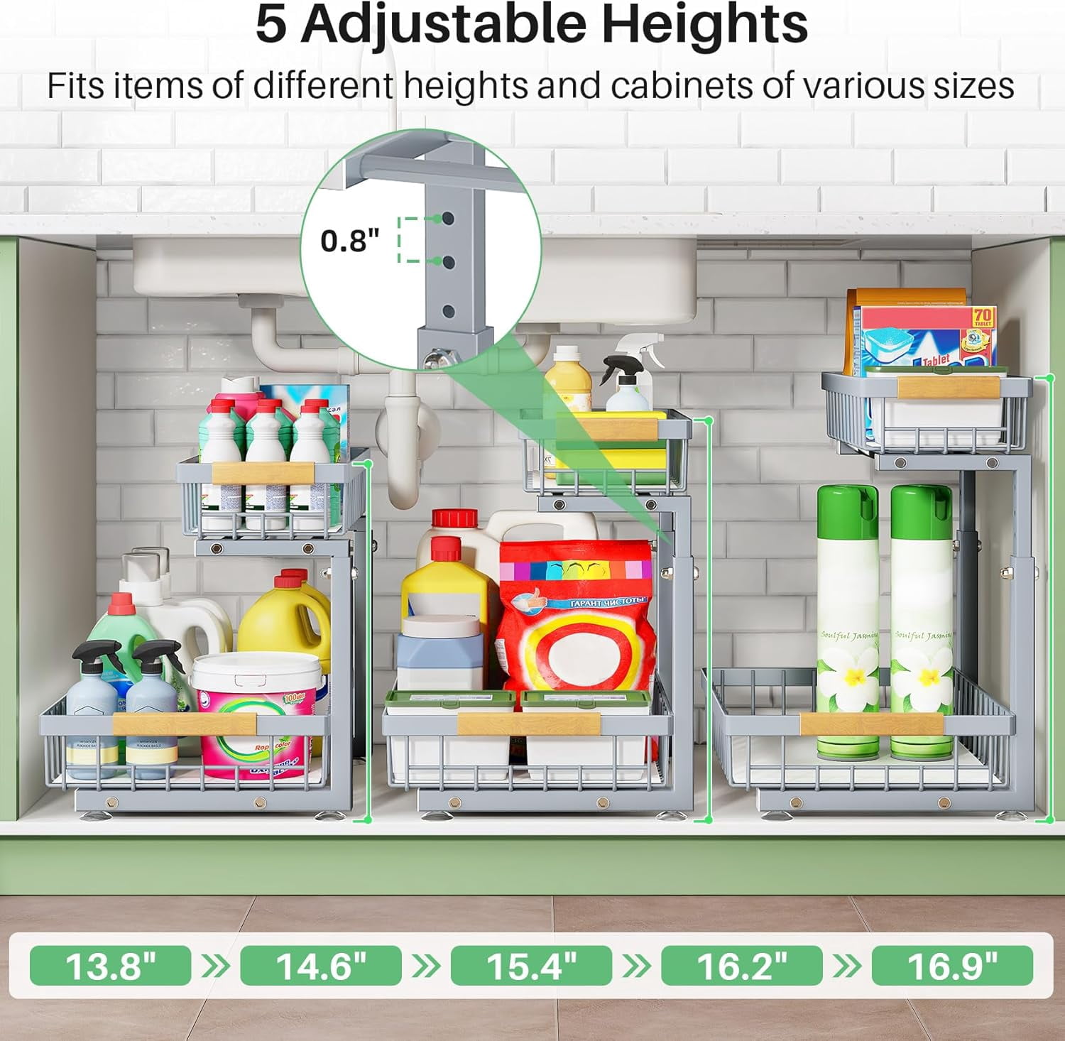 Under Sink Organizer, 2 Packs 2 Tier Under Sink Organizers and Storage, Slide out Pull out Cabinet Organizer Shelf, Metal Sliding Drawer for Kitchen Bathroom Pantry Cabinet Closet Organization Rack
