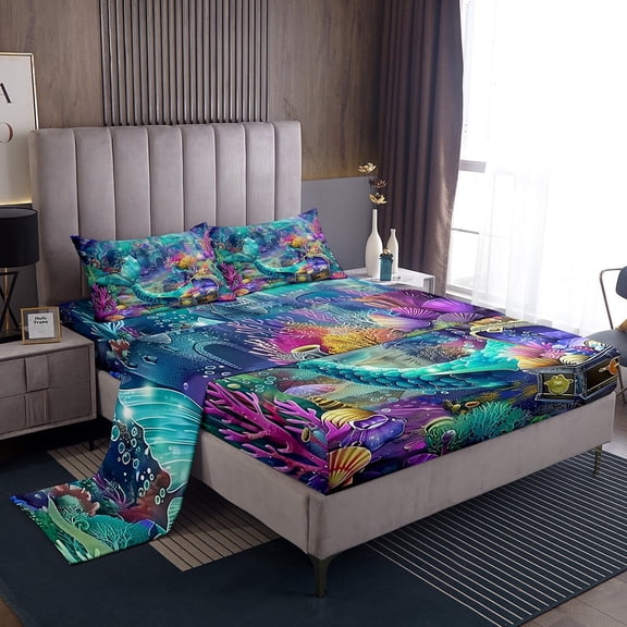 Erosebridal Dreamy Fish Tail Sheet Set Twin, Underwater World Bedding Sets Twin Size, Ocean Princess Decor