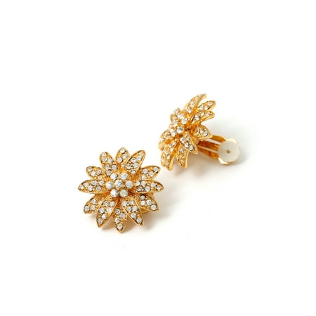 - Gold Crystal Rhinestone in Flower Shape Clip Earrings