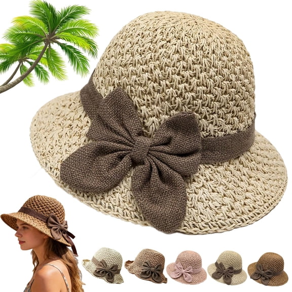 Straw Hat with Retro Bow, Versatile Retro Woven Handmade Straw Hat with Ruffled Bow, Women French Sun Hat, Foldable, Breathable, Beach