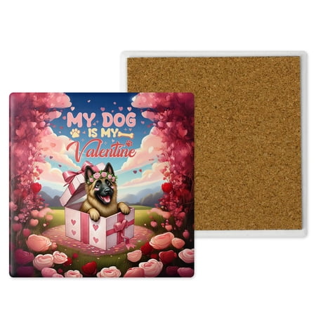 My Dog Is My Valentine Cute Belgian Malinois in Gift Box Set of 4 Stone Coasters Sheepdog Dog Lover Gifts 4x4in Absorbent Soapstone Coaster - 3006