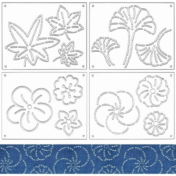 1 Set 4Pcs Acrylic Sashiko Stencil Rectangle Flower and Leaf Pattern Embroidery Tool Drawing Line Template for Hand Quilting and Embroidery 3mm Thick