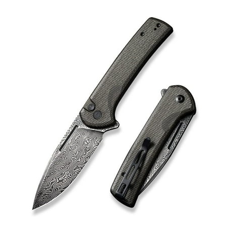 CIVIVI Pocket Knife Conspirator Button Lock Folding Knife 3.48 Damascus Blade Dark Green Micarta Handle C21006-DS1