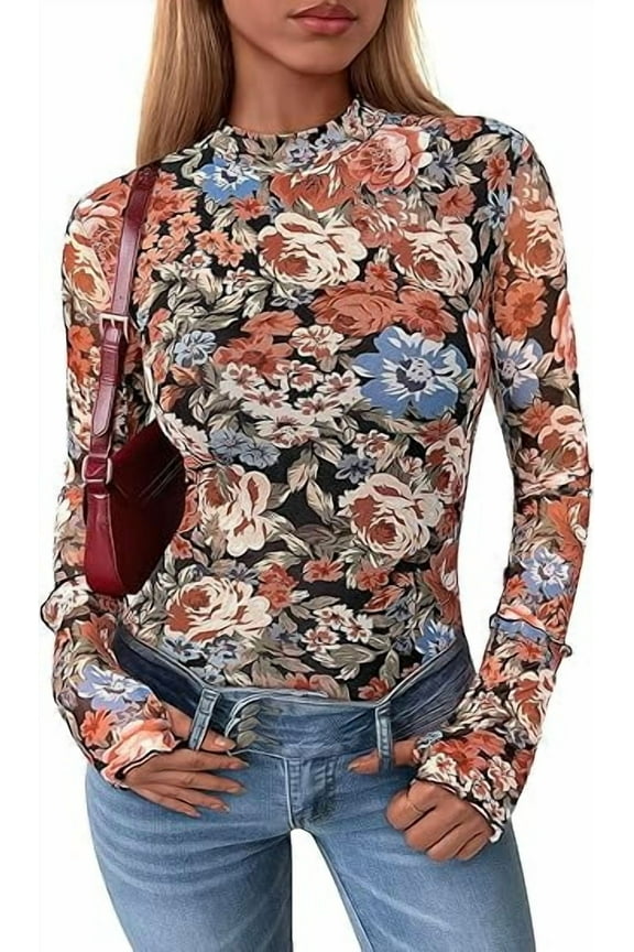 Womens Long Sleeve Going Out Tops Fall Mesh Floral Blouses Slim Fitted Shirts Date Night Outfits