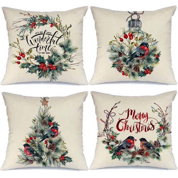 4 fundas de almohada con adornos navideños, 18x18, corona de acuarela, pájaro, feliz Navidad, almohadas rústicas para vacaciones de invierno, almohadas navideñas