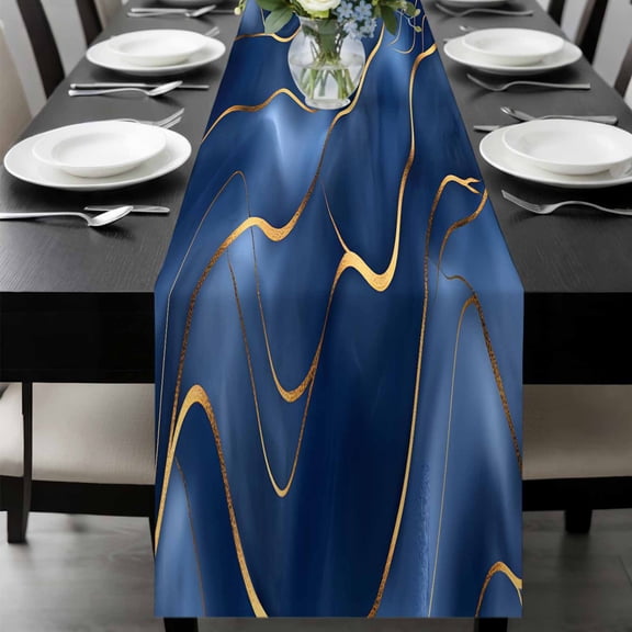 Navy Blue Marble Table Runner 60 Inches Long, Abstract Modern Golden Geometric Kitchen Coffee Dining Table Decoration for Home Party Birthday Wedding Home Decor 13x60 Inches