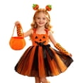 thumbnail image 3 of FYDUU Girls Halloween Pumpkin Outfit Set 4Pcs Sleeveless Tulle Tutu Dress with Pumpkin Headband Arm Sleeves Candy Bag Holiday Party Outfits 3-4 Years, 3 of 9
