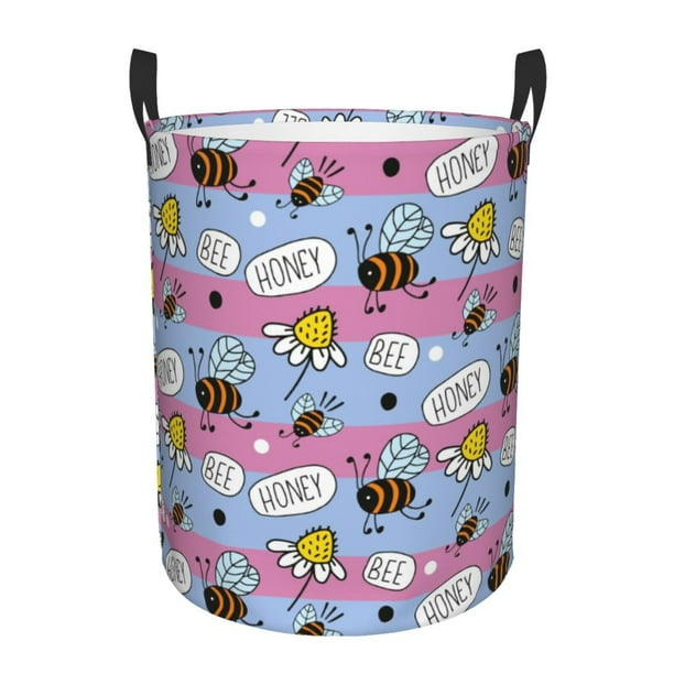 Fotbe Bees And Daisies Striped Cesto de Ropa con Asas, Cesto Impermeable de Gran Capacidad, Bolsa de Lavado para Dormitorio, Cesto de Ropa con Ruedas y Asas-Medium