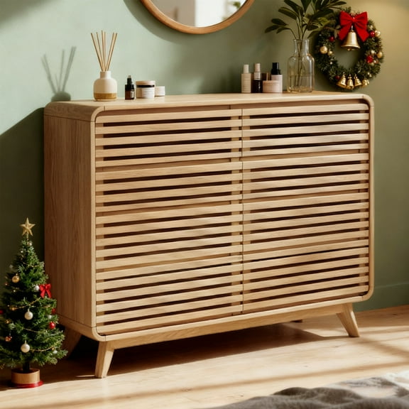 Fluted Dresser for Bedroom, Wide 8 Drawers Dresser, Chests of Drawers with Grille & Curved Design, Dressers Slides Pre-Installed, Large Wood Drawer Organizer for Bedroom Hallway, Natural Oak