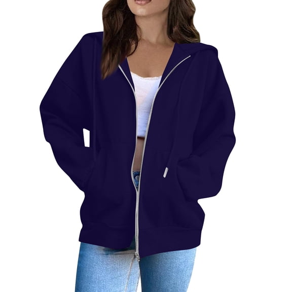 Women’s Solid Color Zip Up Hoodie, Casual Long Sleeve Hooded Sweatshirt with Pockets, Comfortable Loose Fit Fashion Pullover Jacket for Daily Wear Dark Purple