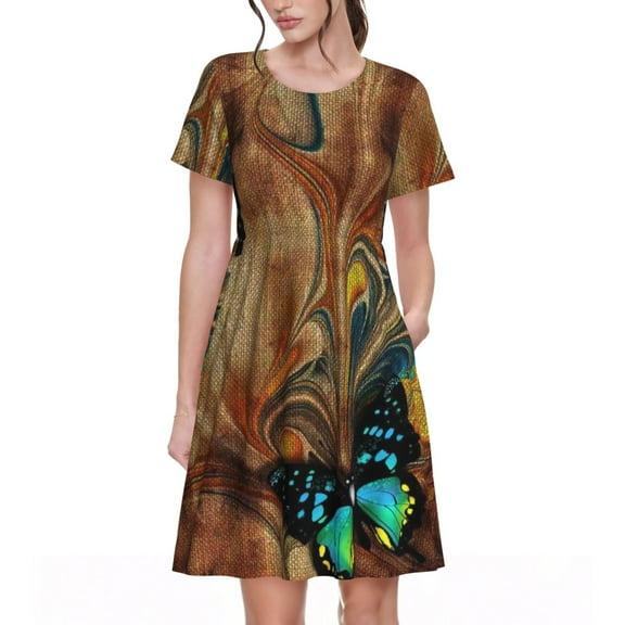 Defioc Vintage Butterfly Green Pattern Womens Summer Dresses Short Sleeve Sundress 2025 Beach Vacation Dresses with Pockets -Small