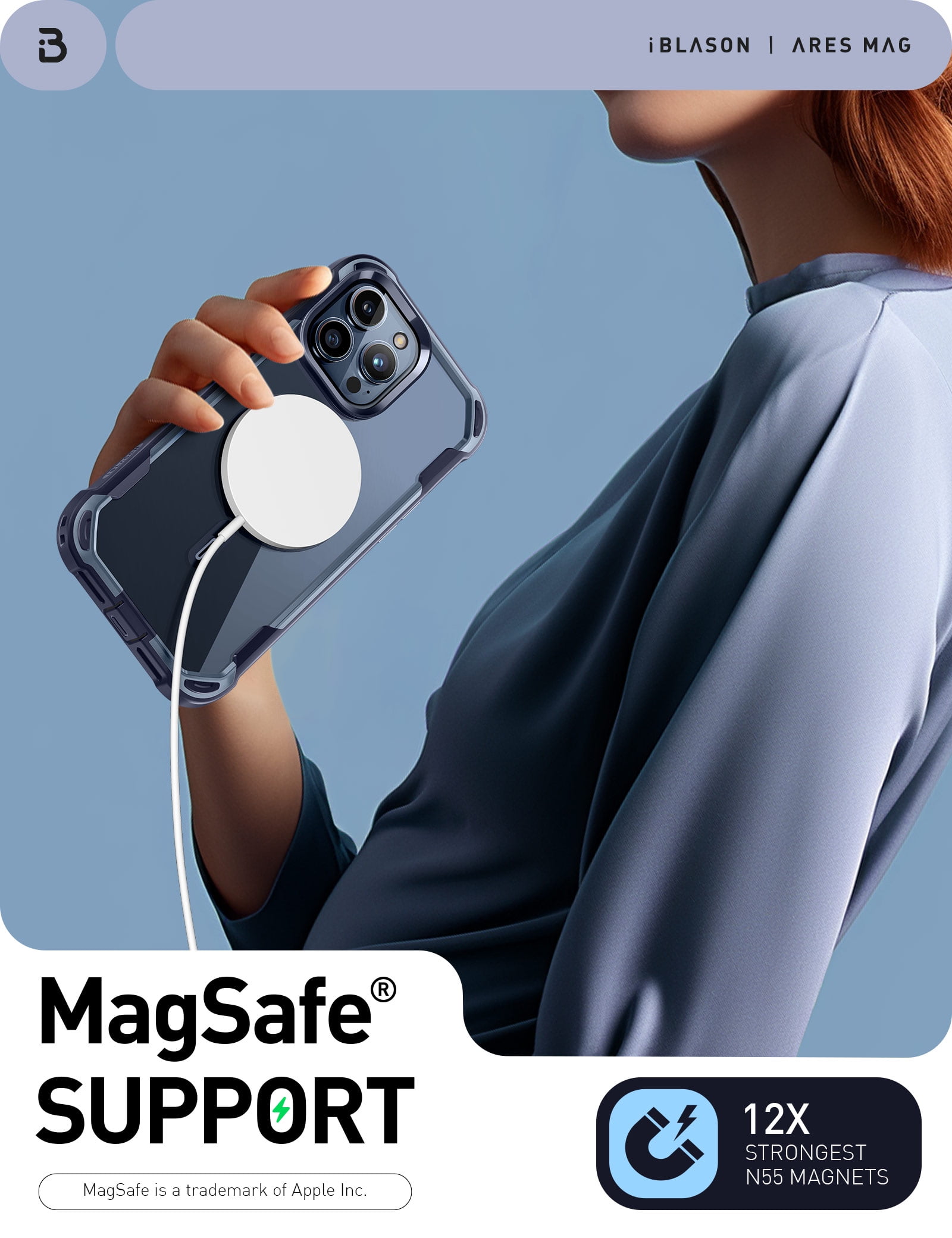 i-Blason Ares Mag for iPhone 15 Pro Max Case [6.7 inch] with Screen Protector, [Compatible with MagSafe] Clear Slim Full-Body Shockproof Rugged Bumper Case (Navy)