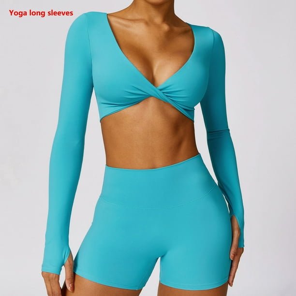 Camiseta corta para mujer, camisetas deportivas para gimnasio, entrenamiento para correr, Top deportivo de manga larga, camisetas de Yoga para mujer, ropa deportiva con agujero para el pulgar