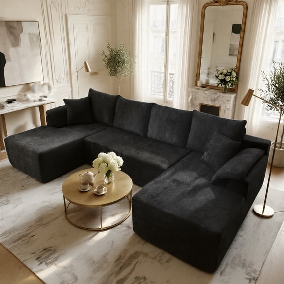 Kelyda 130'' Boneless Sectional Couch, Modern Chenille U Shaped Modular Cloud for Living Room Black
