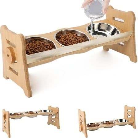 Elevated Pet Bowls for Cats & Small Dogs, Elevated and 15° Tilted Stainless Steel Elevated Cat Food Bowl with Bamboo Stand and Rubber Strip to Prevent Overflow for Indoor Cats and Pets