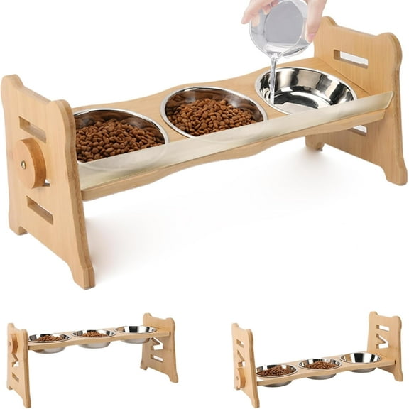 Elevated Pet Bowls for Cats & Small Dogs, Elevated and 15° Tilted Stainless Steel Elevated Cat Food Bowl with Bamboo Stand and Rubber Strip to Prevent Overflow for Indoor Cats and Pets