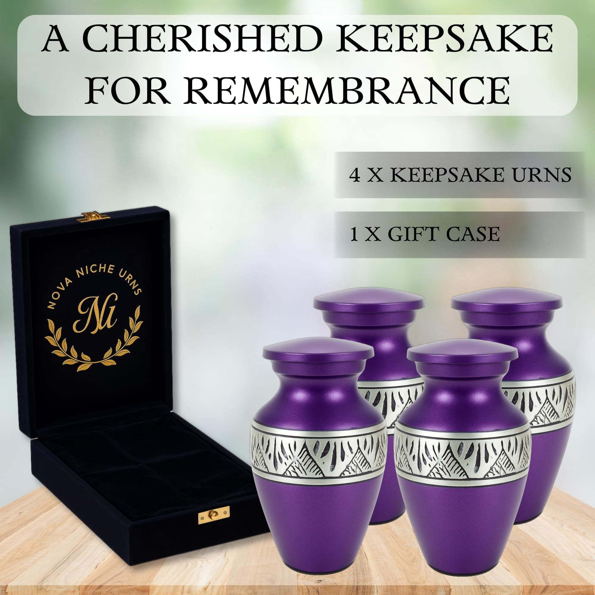 Nova Niche Small Purple Aluminium Cremation Urns for Human Ashes – Mini Memorial Keepsake Set of 4 with Velvet Case