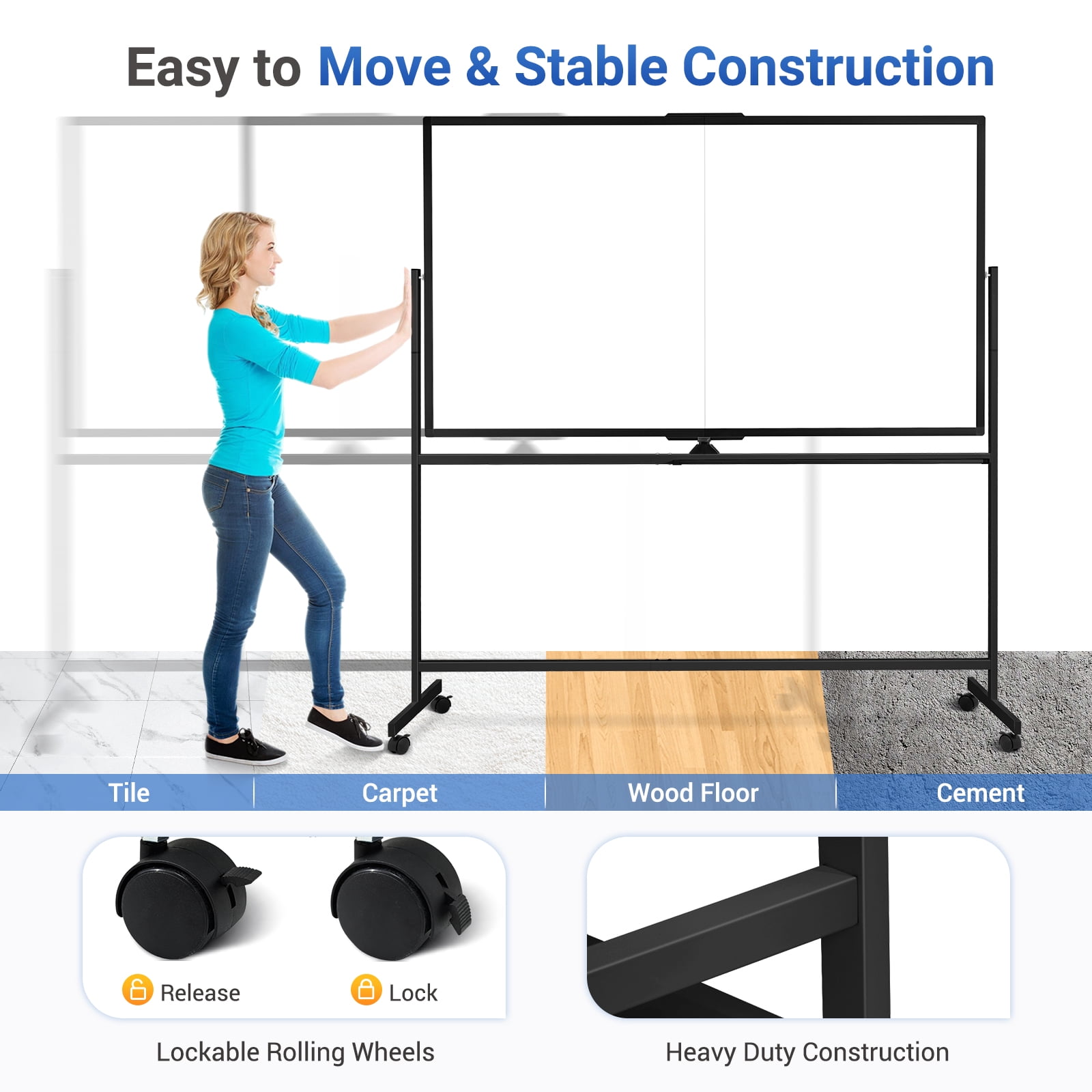 DOLLAR BOSS Rolling Whiteboard on Wheels 72"x40" Double-Sided Dry Erase Board with Stand Big White Board with Stand Large Whiteboard Portable Magnetic Mobile White Board, Black