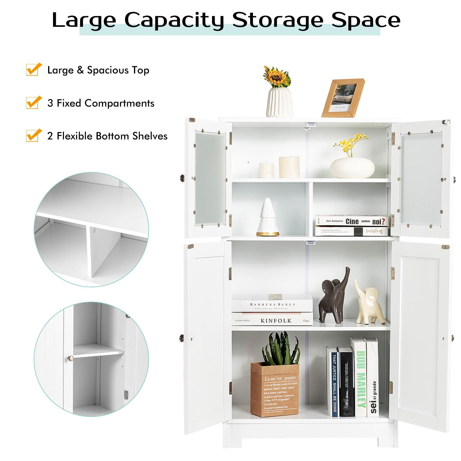Giantex Bathroom Storage Cabinet w/Adjustable Shelf, Freestanding Wooden Floor Anti-toppling Device, Pantry Tempered Glass Doors for Kitchen Dining Room & Livingroom