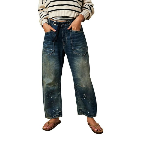 Yubnlvae Y2K Mid Waist Baggy Jeans - Women's Cropped Wide Leg Denim Pants (Retro Streetwear, Distressed) A L