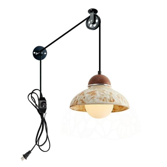 Kiven Plug in Pendant Light, Farmhouse Hanging Light Fixture with Ceramic Lampshade and Pulley, G9 Socket Dimmable Pendant Light for Bedroom Hallway Kitchen,Adjustable Height(TB3289)
