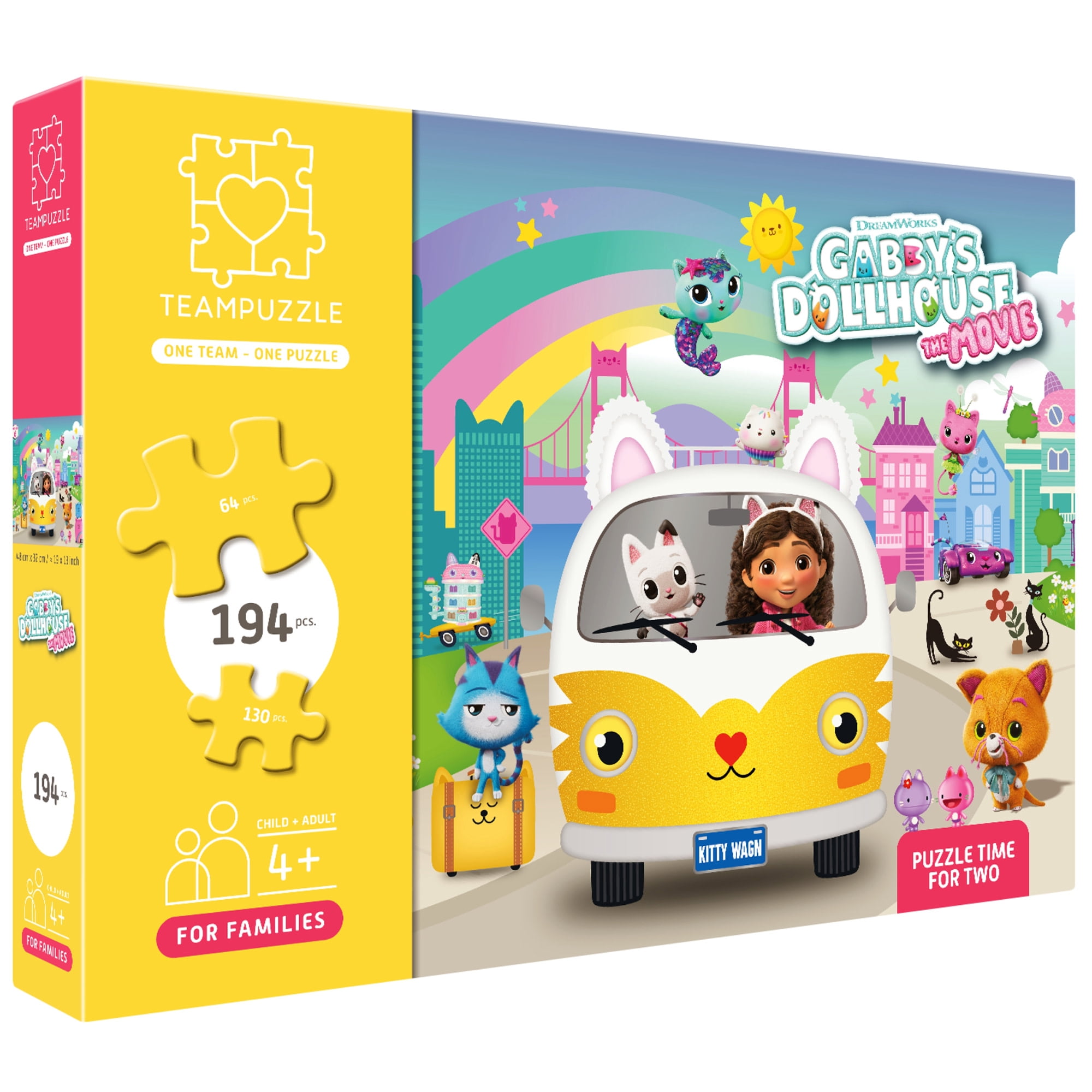 TEAMPUZZLE: Dreamworks Gabby’s Dollhouse - 194pc Puzzle, 2 Difficulty Level Sections, 19x13" City & Character Van Scene, Search & Find, Family-Kids 4+
