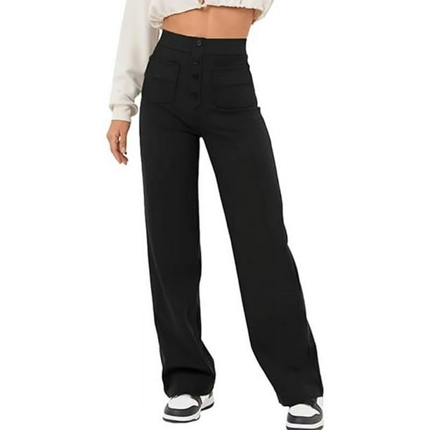 Pantalones rectos holgados casuales con botones y pierna ancha y bolsillo de cintura alta para mujer de otoño europeo y americano