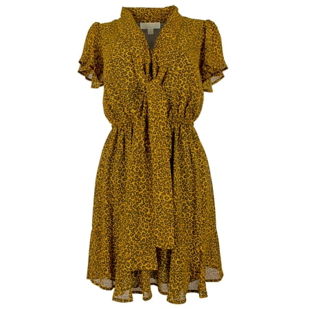 Michael Kors Women s Leopard Printed Cap Sleeve Tie Neck Dress Mgd Medium