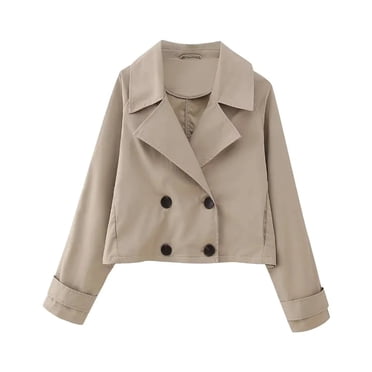 Coupe-vent Court Veste Femme Élégante Ample Rétro à Double Boutonnage Coupe-Vent Manches Longues - Kaki / m
