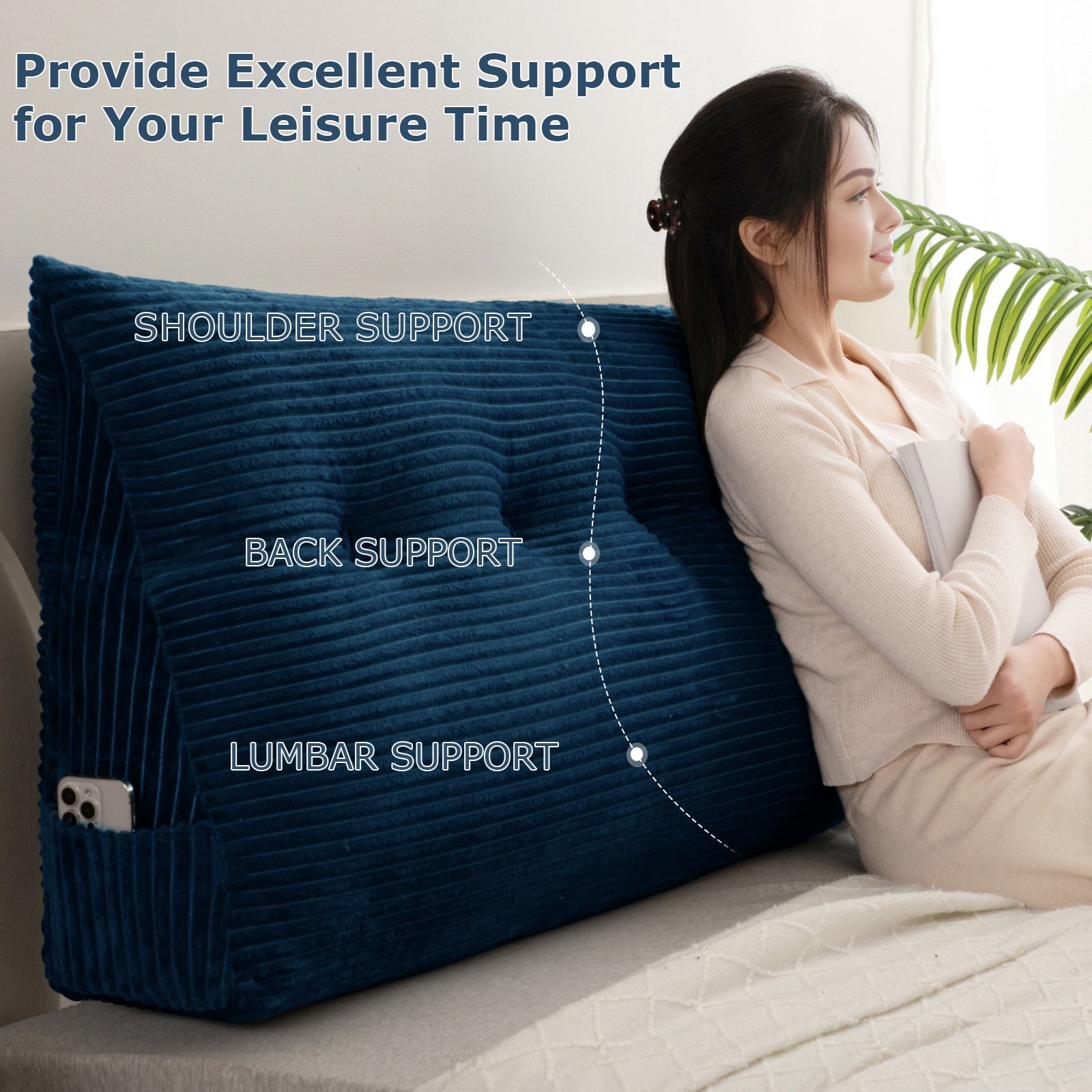 Lovote Triangular Headboard Pillow with Side Pockets, Velvet Fabric, Vertical Stripe Pattern Bed Rest Reading Pillow, Removable & Washable Cover, Daybed Wedge Pillow for Twin Beds
