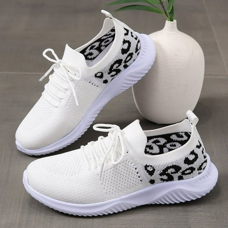 

SHYBNM 2024 Women s Casual Sneakers Flying Woven Leopard Pattern Breathable Lace-up Running Shoes Women s Footwear