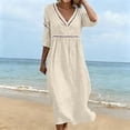 thumbnail image 5 of Ygbgbb Women V‑Neck Hollow Lace Trim Maxi Dress, Three‑Quarter Sleeve Empire‑Waist Loose Flowy Dress for Summer Beach and Resort‑Style Outfits Beige L, 5 of 7