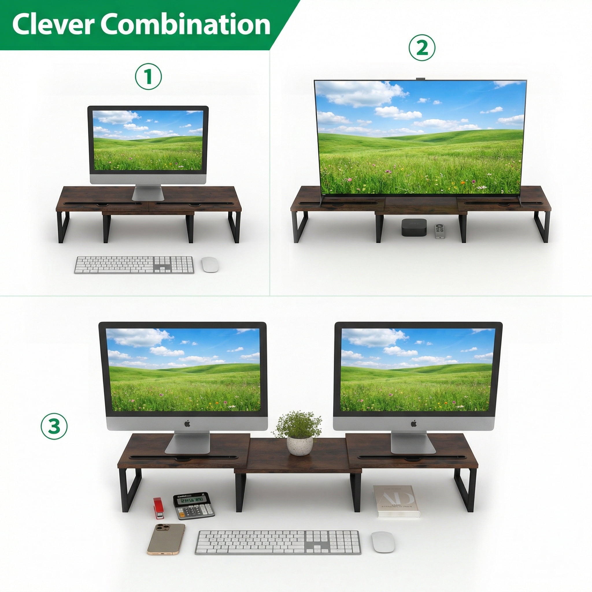 Dual Monitor Stand Riser with Pen Slot - Adjustable Length & Angle, Brown Desk Organizer for Computer Screens